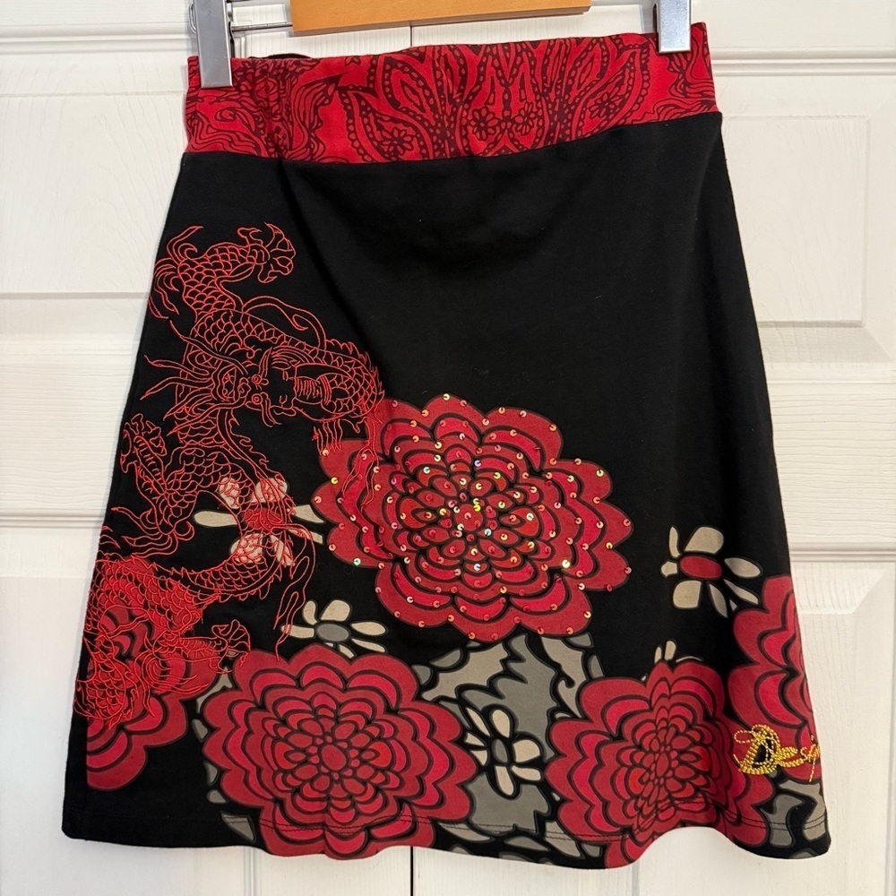 Desigual Vintage Y2K Black &Red Floral Art to Wear 100% Cotton Mini Skirt XS